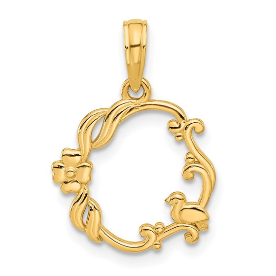 14K Yellow Gold Floral with Bird Circle Pendant - 20.9 mm