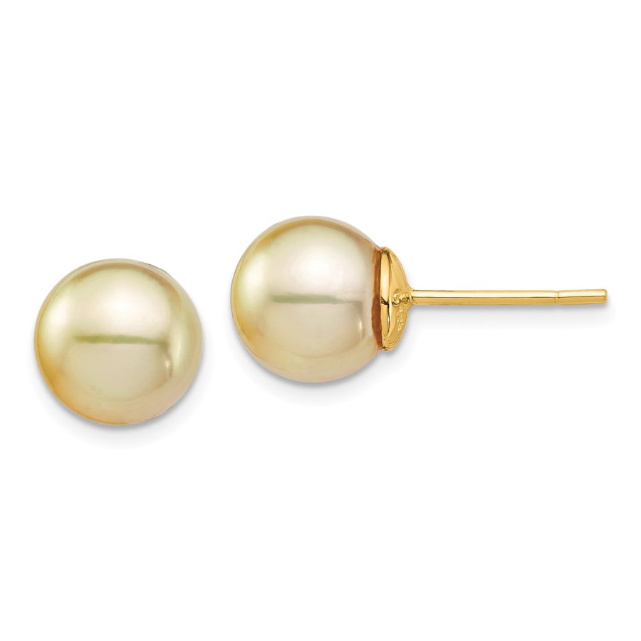 14k Yellow Gold Golden South Sea Pearl Post Earrings - 9-10 mm