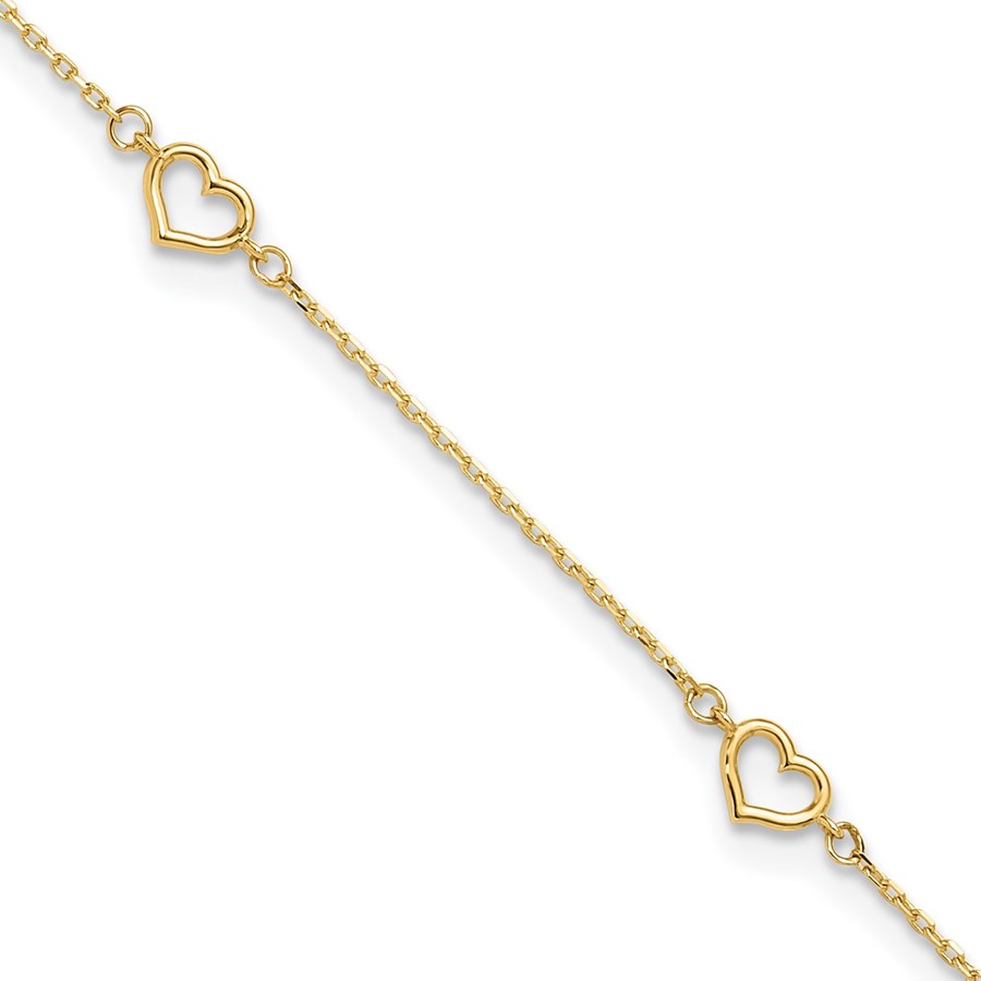 14K Yellow Gold Heart Link 9in Plus Anklet - 10 in.