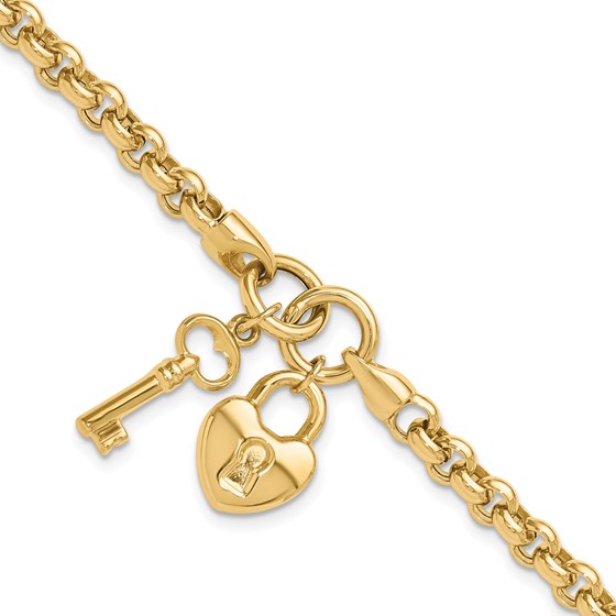 14K Yellow Gold Heart Lock and Key Bracelet - 7.5 in.