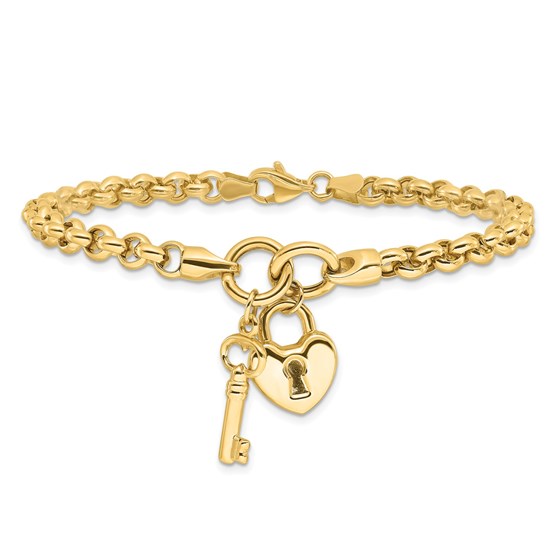 14K Yellow Gold Heart Lock and Key Bracelet 7.5 in.