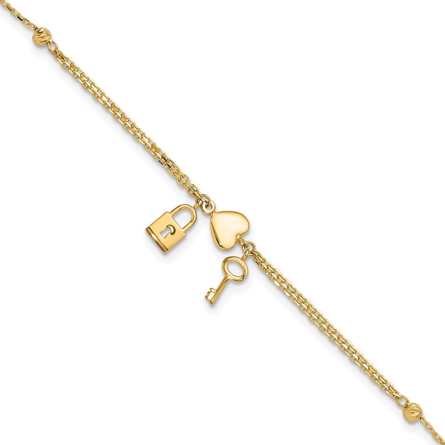 14K Yellow Gold Heart Lock and Key Bracelet 7 in.