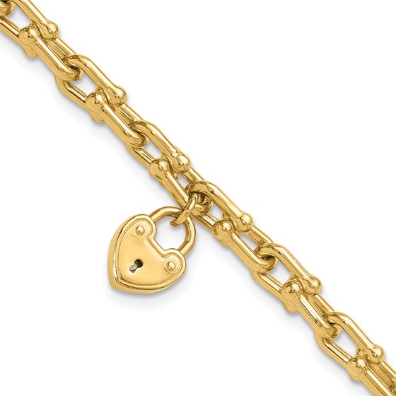 14K Yellow Gold Heart Lock Charm Link Bracelet - 7.5 mm
