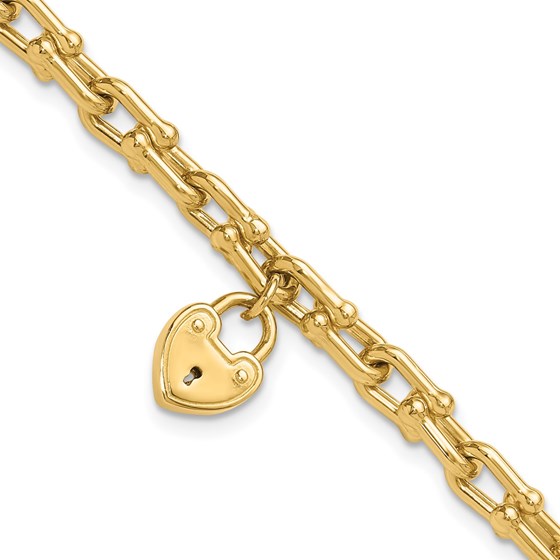 14K Yellow Gold Heart Lock Charm Link Bracelet - 7.5 mm 14K Yellow Gold Heart Lock Charm Link Bracelet - 7.5 mm