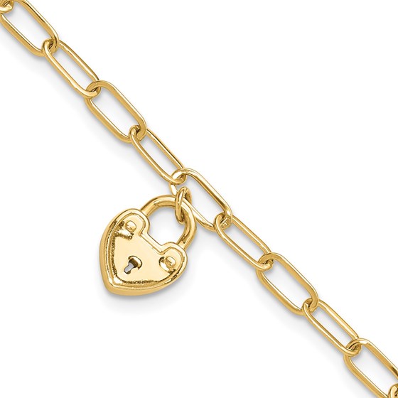 14K Yellow Gold Heart Lock Charm Paperclip Bracelet - 7.5 mm