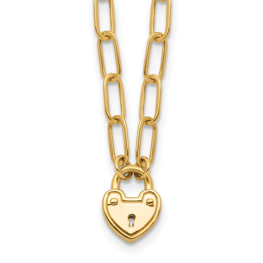 14K Yellow Gold Heart Lock Paperclip Link Necklace - 17.25 in.