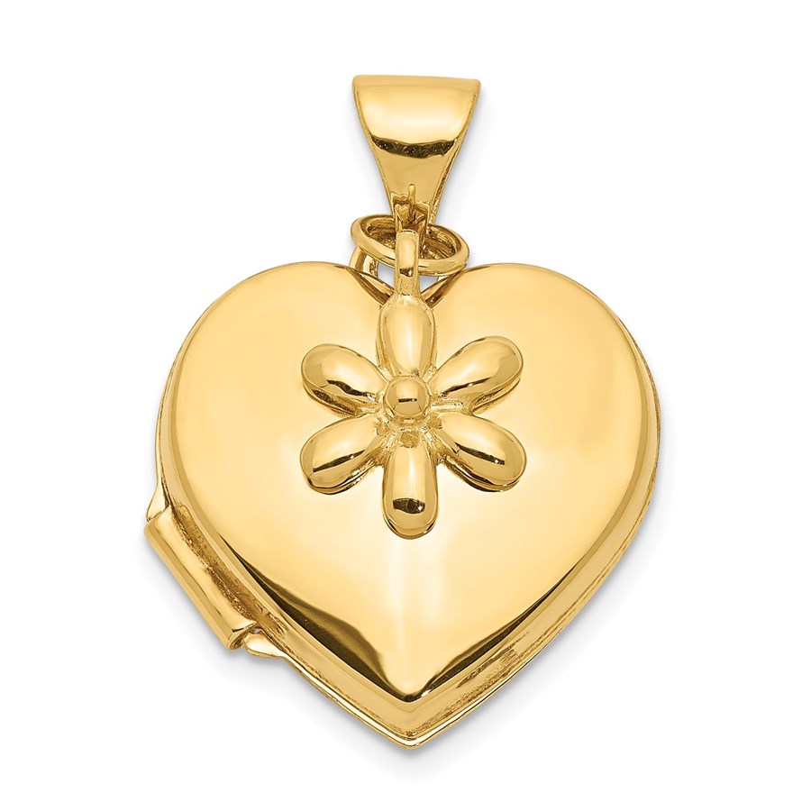 14k Yellow Gold Heart with Flower Dangle Locket - 15 mm