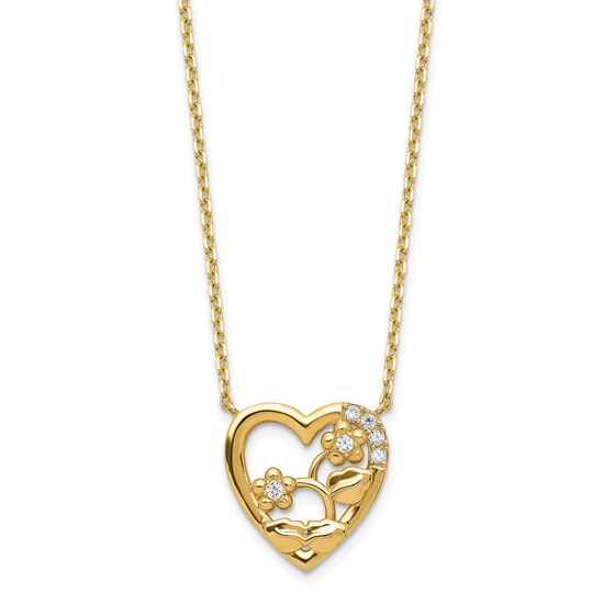 14k Yellow Gold Heart with Flowers & CZ Necklace - 20 in.