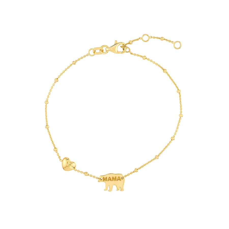 14K Yellow Gold Mama Bear N Puffed Heart Adj Bracelet - 7.25 in.