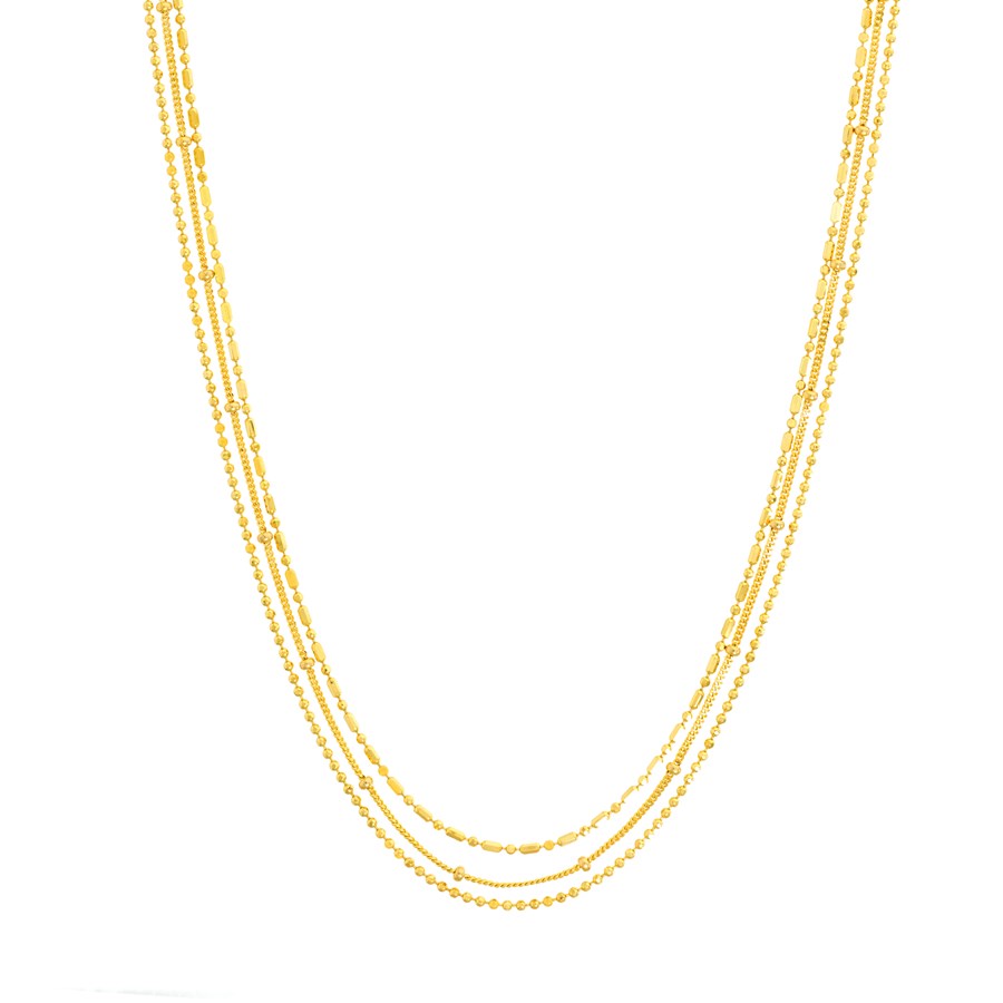 14K Yellow Gold Mixed Bead Triple Strand Necklace 18 in.