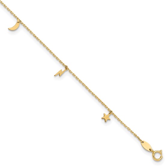 14K Yellow Gold Moon Star and Lightning 9in Plus Anklet - 10 in. 14K Yellow Gold Moon Star and Lightning 9in Plus Anklet - 10 in.