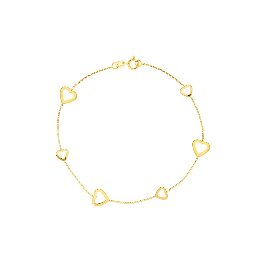 14K Yellow Gold Open Heart Box Chain Bracelet - 7.5 in.