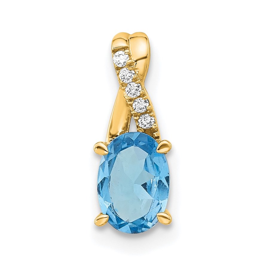 14K Yellow Gold Oval Blue Topaz and Diamond Pendant - 14.3 mm