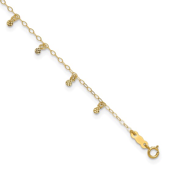 14K Yellow Gold Oval Chain Diamond Cut Dots Anklet - 11 in.
