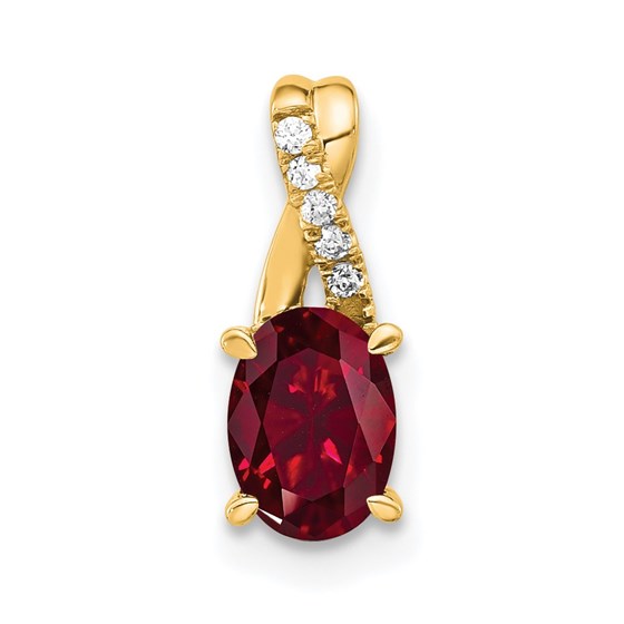 14K Yellow Gold Oval Created Ruby and Diamond Pendant - 14.3 mm