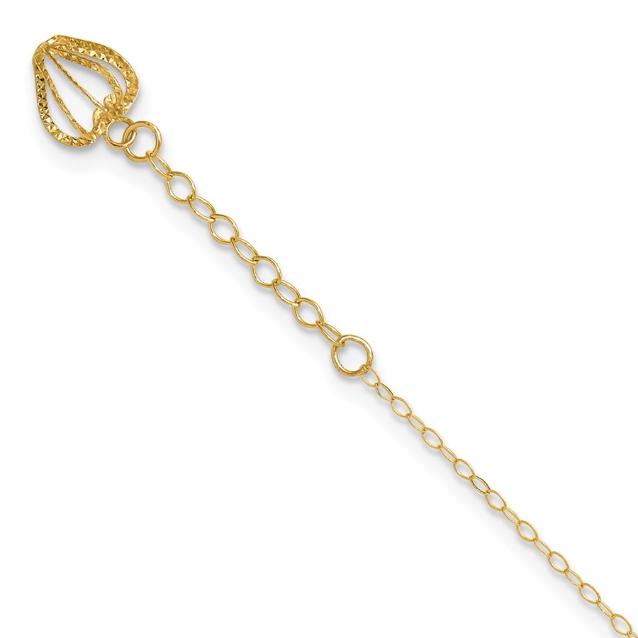 14K Yellow Gold Oval Diamond-cut Heart Cage Anklet - 10 in.