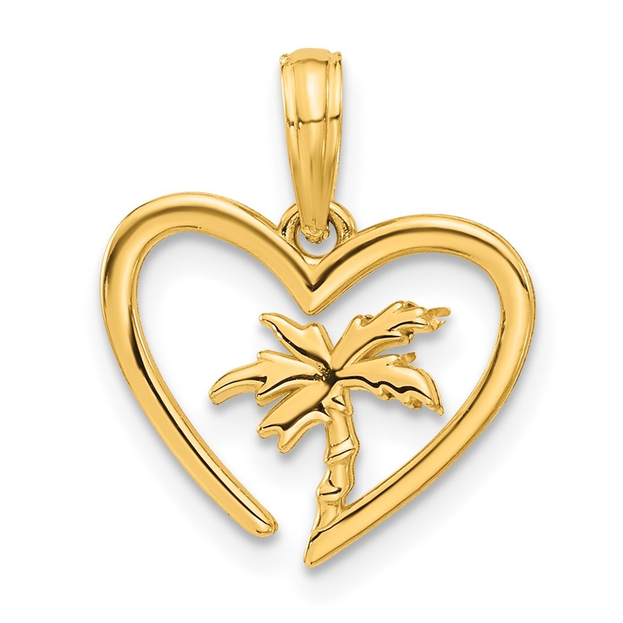 14K Yellow Gold Palm Tree In Heart Pendant - 17.9 mm
