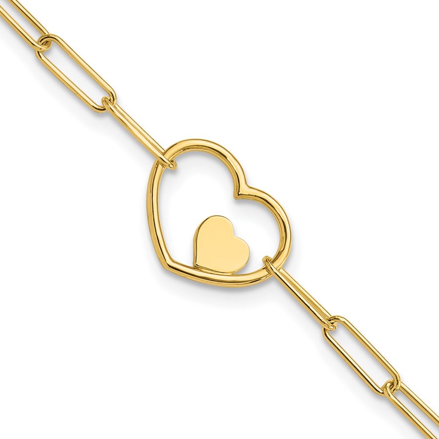 14K Yellow Gold Paperclip Link Heart 7.25in Bracelet - 7.25 in.