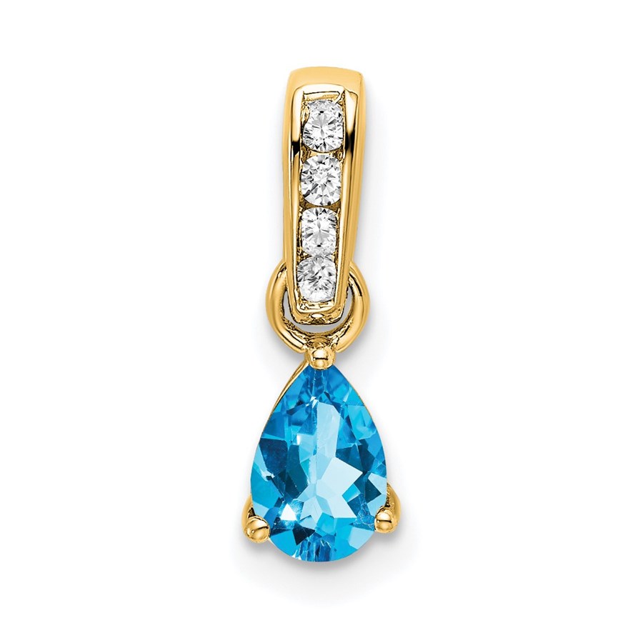 14K Yellow Gold Pear Blue Topaz and Diamond Pendant - 16.3 mm