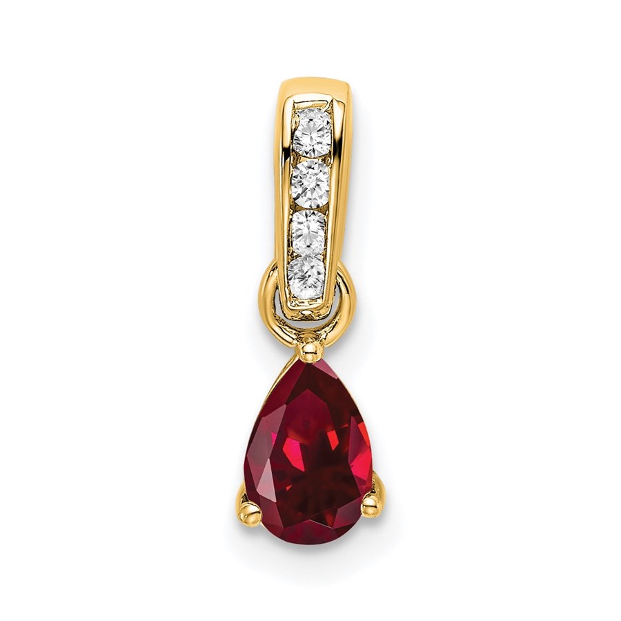 14K Yellow Gold Pear Created Ruby and Diamond Pendant - 16.3 mm