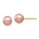 14k Yellow Gold Pink Round Pearl Stud Post Earrings - 6-7 mm