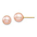 14k Yellow Gold Pink Round Pearl Stud Post Earrings - 7-8 mm