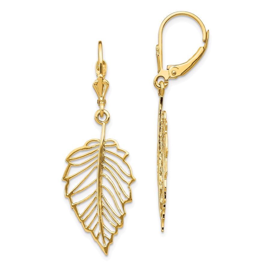 14k Yellow Gold Polished Leaf Leverback Earrings - 42 mm