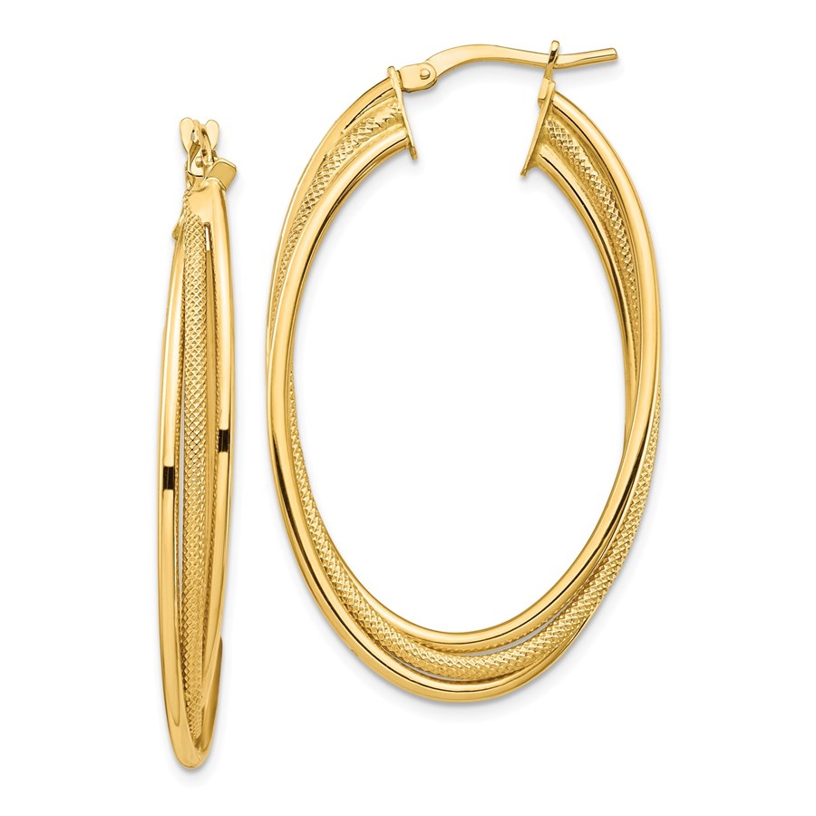14k Yellow Gold Polished & Textured Twisted Fancy Hoop Earrings