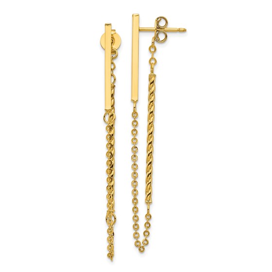 14k Yellow Gold Polished & Twisted Stick w/Chain Post Earrings
