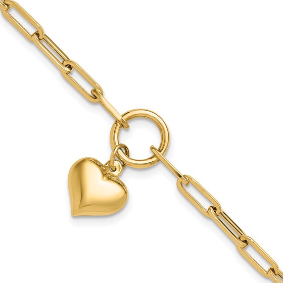 14K Yellow Gold Puff Heart Paper Clip Link Bracelet - 7.25 in. 14K Yellow Gold Puff Heart Paper Clip Link Bracelet - 7.25 in.