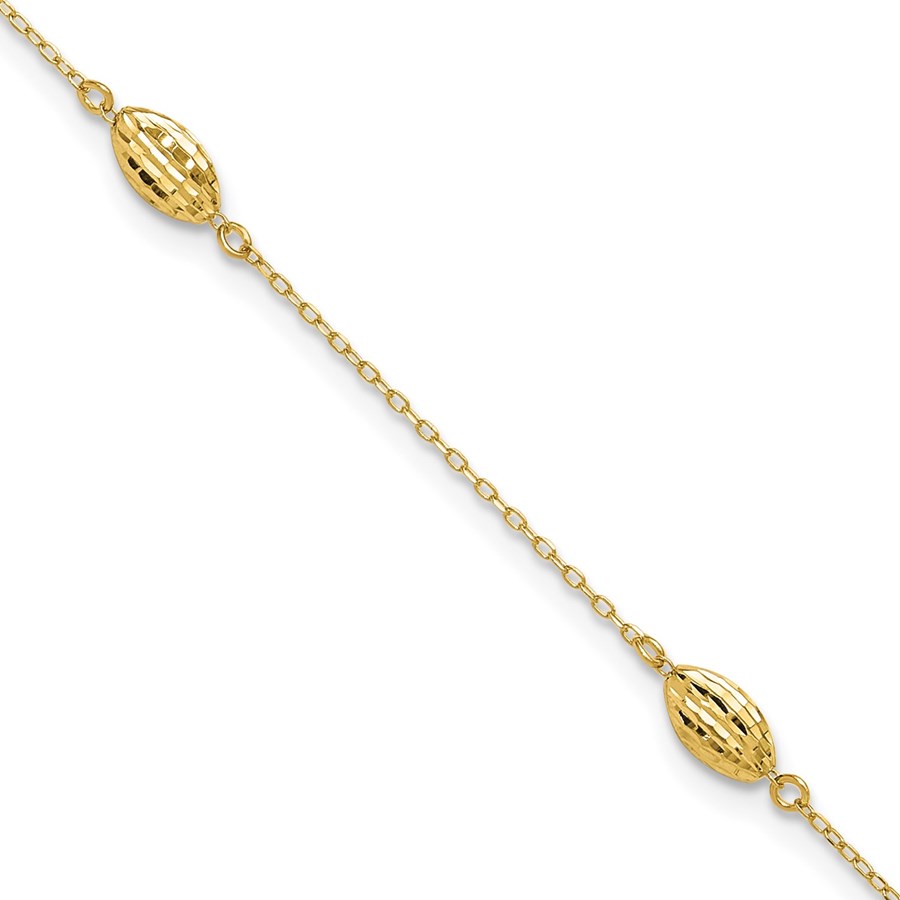 14K Yellow Gold Puffed Rice Bead 10in Plus Anklet - 11 in.