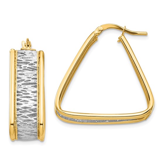 14k Yellow Gold & Rhodium Diamond Cut Triangle Hoop Earrings 14k Yellow Gold & Rhodium Diamond Cut Triangle Hoop Earrings