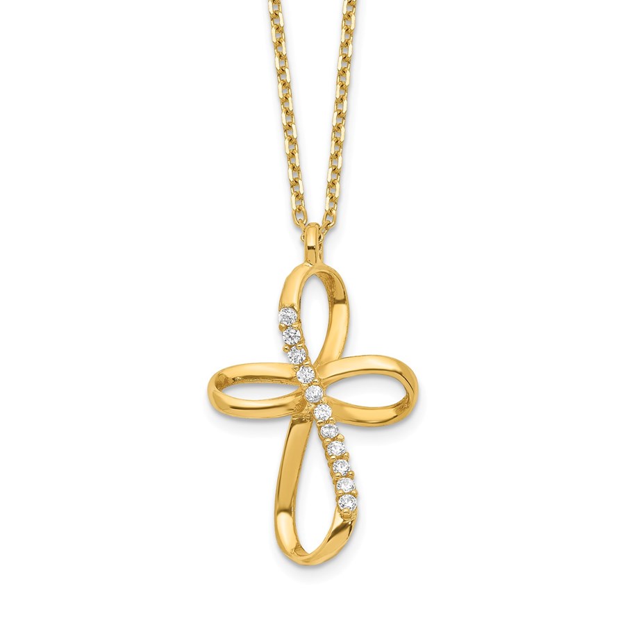 14k Yellow Gold Ribbon Cross CZ Slide Necklace - 20 in.