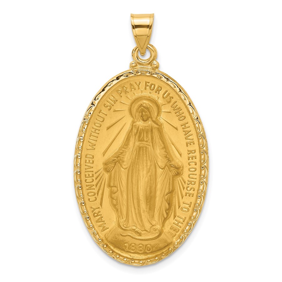 14K Yellow Gold Satin Medal Solid Oval Pendant - 45 mm