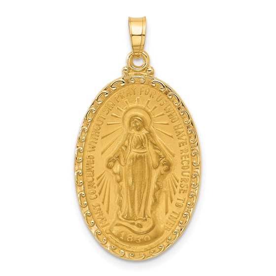 14K Yellow Gold Satin Miraculous Medal Oval Pendant - 33 mm