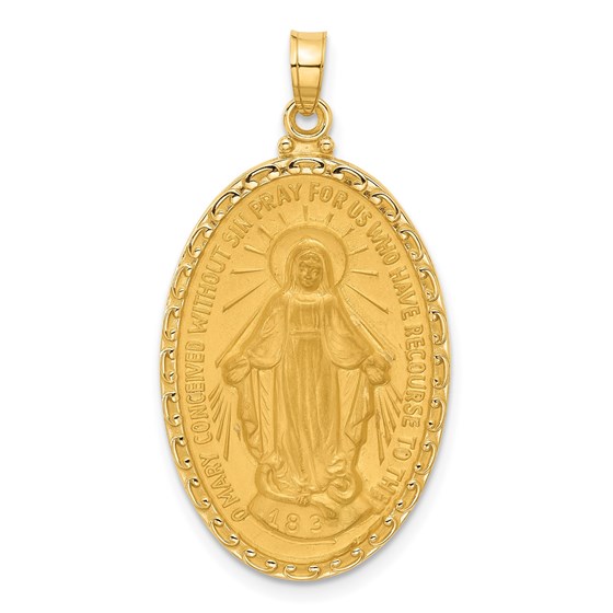 14K Yellow Gold Satin Miraculous Medal Oval Pendant - 36.2 mm