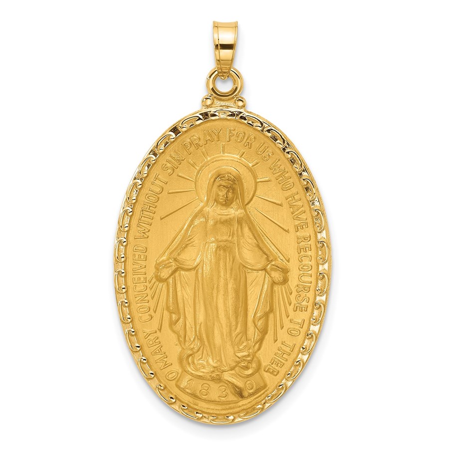 14K Yellow Gold Satin Miraculous Medal Oval Pendant - 37.7 mm