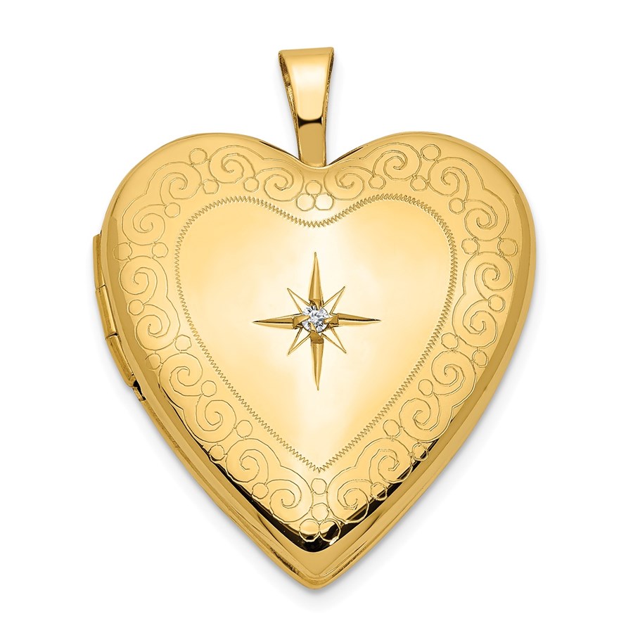 14k Yellow Gold Side Swirls w/ Diamond Heart Locket - 25 mm