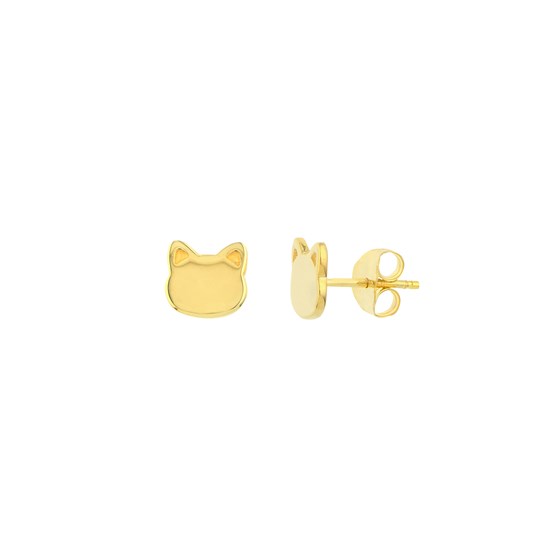 14K Yellow Gold Stud Cat Face Shape Earrings