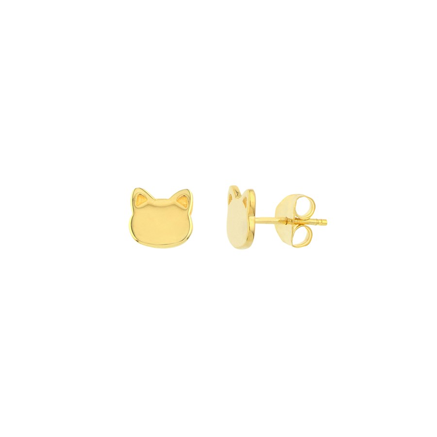 14K Yellow Gold Stud Cat Face Shape Earrings