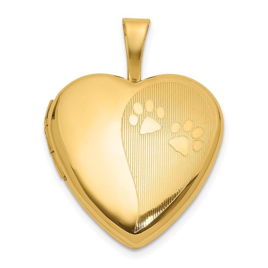 14K Yellow Gold Textured Paw Prints Heart Locket - 21.6 mm