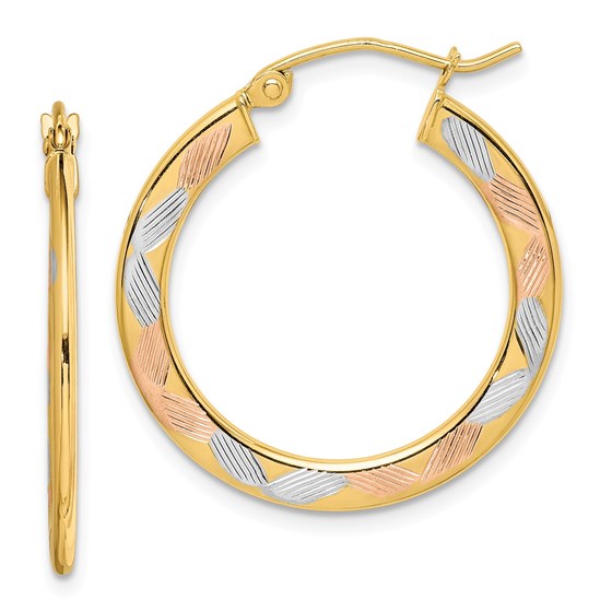 14k Yellow Gold w/White & Rose Rhodium Diamond-cut Hoop Earrings