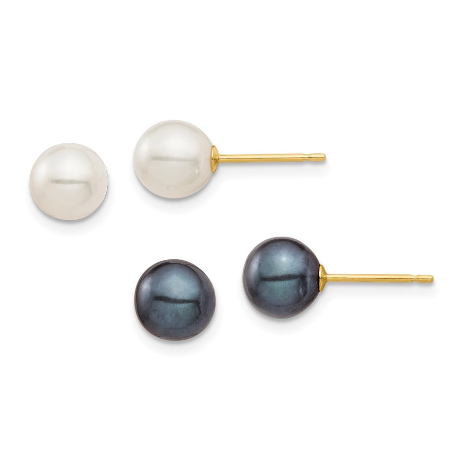 14k Yellow Gold White & Black Round Pearl 2 pair Set - 6-7 mm