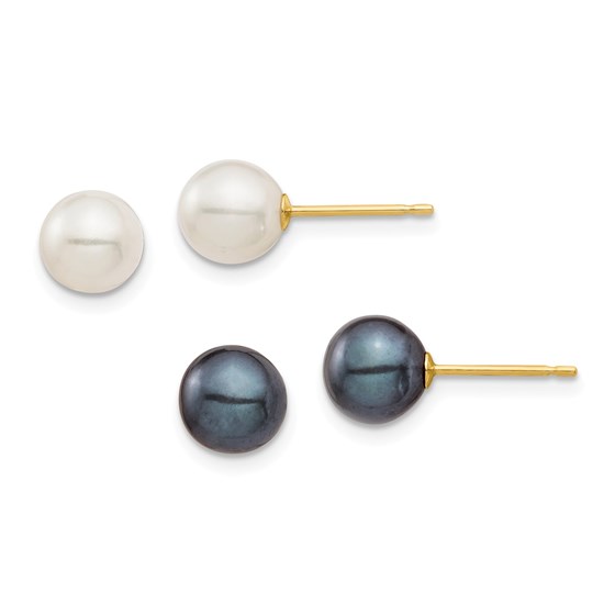 14k Yellow Gold White & Black Round Pearl 2 pair Set - 6-7 mm 14k Yellow Gold White & Black Round Pearl 2 pair Set - 6-7 mm