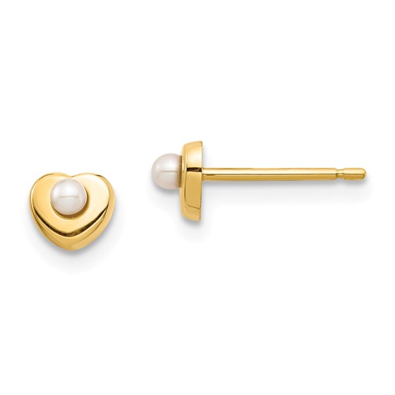 14k Yellow Gold White Button Pearl Heart Post Earrings 14k Yellow Gold White Button Pearl Heart Post Earrings