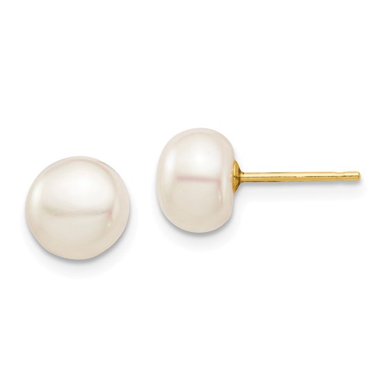 14k Yellow Gold White Button Pearl Stud Post Earrings - 7-8 mm