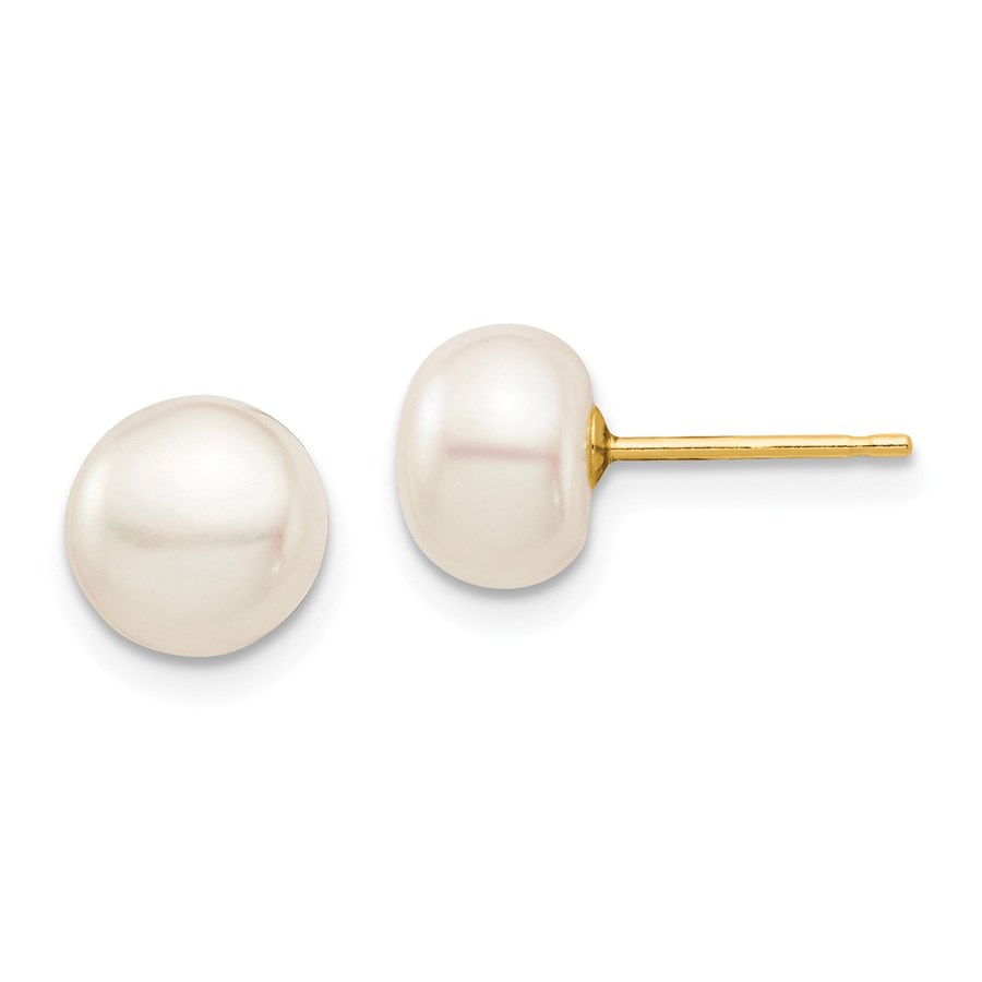 14k Yellow Gold White Button Pearl Stud Post Earrings - 7-8 mm