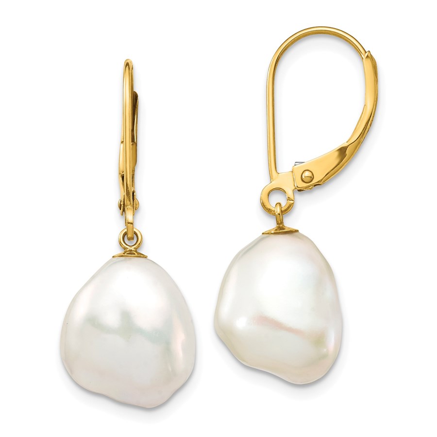 14k Yellow Gold White Keshi Pearl Leverback Earrings - 10x12 mm