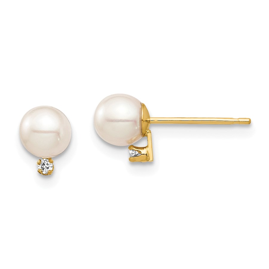 14k Yellow Gold White Pearl .02 ct Diamond Earrings - 4-5 mm