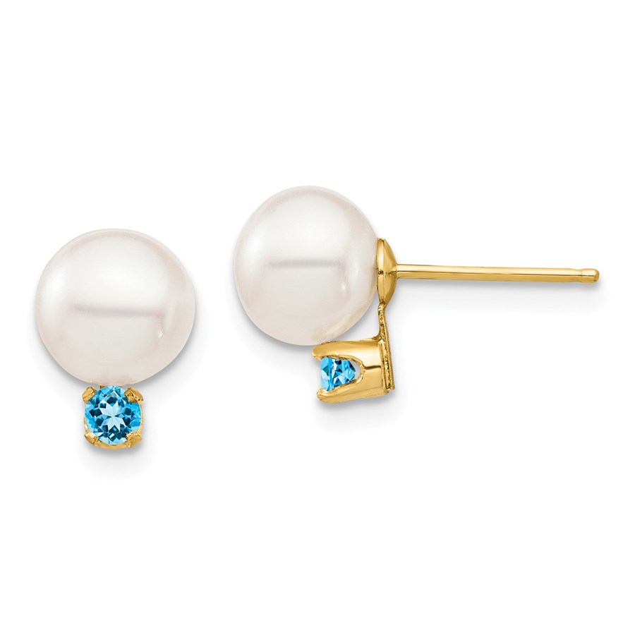 14k Yellow Gold White Pearl Blue Topaz Post Earrings - 7-7.5 mm